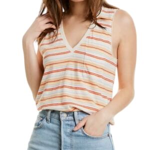 Madewell Orange Striped Whisper Cotton V-Neck Cotton Pocket Tank